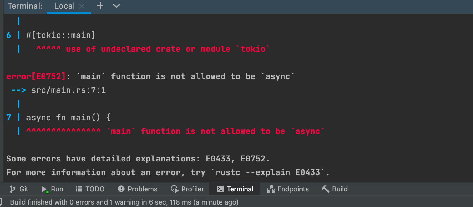 `main` function is not allowed to be `async`